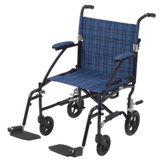 Drive Medical Transport Wheelchair drive™ Fly-Lite Aluminum Frame with Blue Finish 300 lbs. Weight Capacity Full Length / Fixed Height / Padded Arm Blue Plaid Upholstery