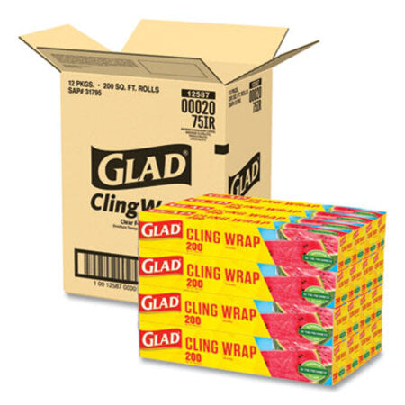 Glad® ClingWrap Plastic Wrap, 200 Square Foot Roll, Clear, 12/Carton