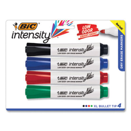 Bic® Intensity Low Odor Bold Tank-Style Dry Erase Marker, XL Bullet Tip, Assorted Colors, 4/Set