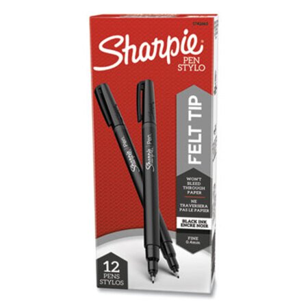 Sharpie® Water-Resistant Ink Stick Plastic Point Pen, 0.4 mm, Black Ink, Black/Gray Barrel, Dozen