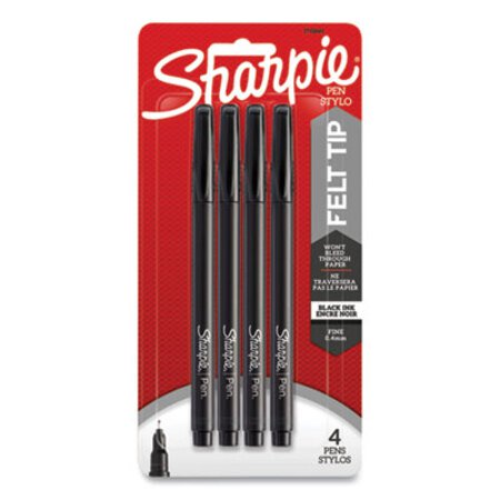 Sharpie® Water-Resistant Ink Stick Plastic Point Pen, 0.4 mm, Black Ink, Black/Gray Barrel, 4/Pack