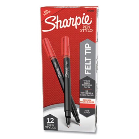 Sharpie® Water-Resistant Ink Stick Plastic Point Pen, 0.4 mm, Red Ink, Black/Gray/Red Barrel, Dozen
