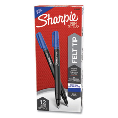 Sharpie® Water-Resistant Ink Stick Plastic Point Pen, 0.4 mm, Blue Ink, Black/Gray/Blue Barrel, Dozen