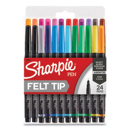 Sharpie® Art Pen Stick Porous Point Pen, Fine 0.4 mm, Assorted Ink, Black Barrel, 24/Pack
