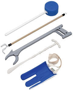 Mabis Healthcare ADL Hip / Knee Equipment Kit Reacher - 24 Inch Length / Shoehorn - 19-1/2 Inch Length / Dressing Stick - 24 Inch Length / Handled Bath Sponge - 22-1/2 Inch Length