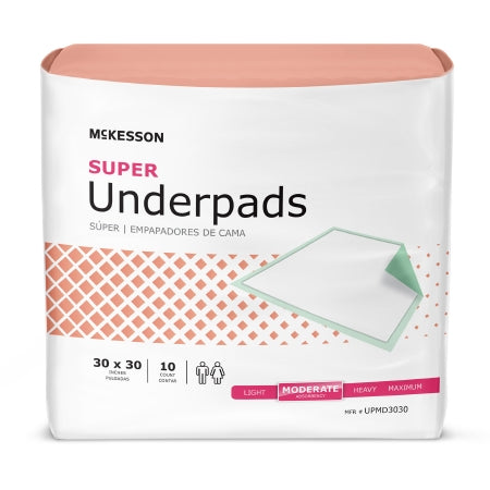 Underpad McKesson Super 30 X 30 Inch Disposable Fluff / Polymer Moderate Absorbency - M-724049-3796 - Bag of 10