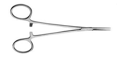 V. Mueller Mosquito Forceps V. Mueller® Jacobson 5 Inch Length Surgical Grade Stainless Steel NonSterile Ratchet Lock Finger Ring Handle Curved Very Delicate Serrated Tips - M-742360-3447 - Each