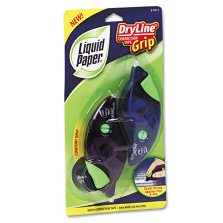 Paper Mate® Liquid Paper® DryLine Grip Correction Tape, 1/5" x 335", Blue/Purple Dispensers, 2/Pack