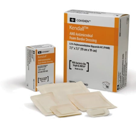 Cardinal Antimicrobial Foam Dressing Kendall™ AMD 7-1/2 X 7-1/2 Inch Square Adhesive with Border Sterile