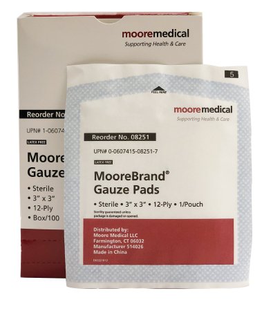 Gauze Sponge Moorebrand® Cotton 12-Ply 3 X 3 Inch Square Sterile