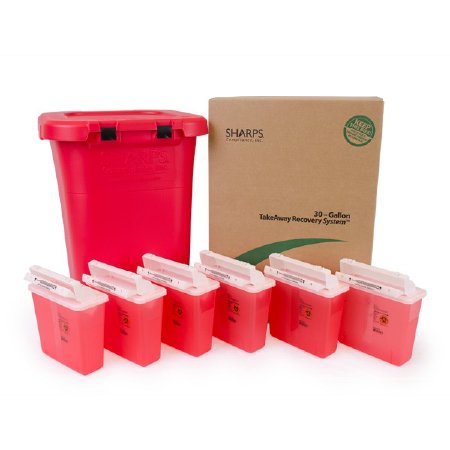 Sharps Compliance Medical Soft Waste Containers TakeAway® Recovery System 5.4 Quart Translucent Red Base / Translucent Red Lid Horizontal / Vertical Entry Counter Balanced Door Lid