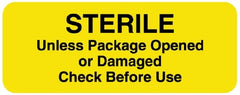 United Ad Label Pre-Printed Label Advisory Label Yellow Tyvek STERILE Unless Package Opened or Damaged Check Before Use Black Safety and Instructional 7/8 X 2-1/4 Inch - M-803051-4285 - Roll of 1