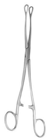 V. Mueller Cervix Holding Forceps V. Mueller® De Lee 9-1/2 Inch Length Surgical Grade Stainless Steel NonSterile Ratchet Lock Finger Ring Handle Straight Serrated Fenestrated Teardrop Jaws - M-807715-4356 - Each