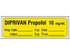 Shamrock Scientific Drug Label Shamrock Anesthesia Label DIPRIVAN Propofol 10 mg/ml / Prep Date _____ Exp. Date _____ / Initial _____ Exp. Time _____ Yellow 1/2 X 1 Inch - M-825115-3851 - Roll of 1