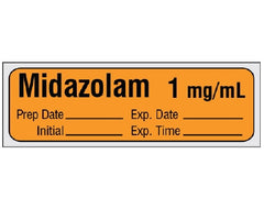 Shamrock Scientific Drug Label Shamrock Anesthesia Label Midazolam 1 mg / mL / Prep Date _____ Exp. Date _____ / Initial _____ Exp. Time _____ Orange 1/2 X 1 Inch - M-838825-4353 - Roll of 1