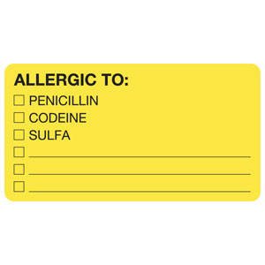 Tabbies Pre-Printed Label Allergy Alert Chartreuse ALLERGIC TO: PENICILLIN/CODEINE/SULFA Alert Label 1-3/4 X 3-1/4 Inch - M-841552-3001 - Roll of 1