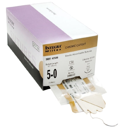Miltex Suture with Needle Integra® Absorbable Uncoated Undyed Suture Chromic Gut Size 5 - 0 18 Inch Suture 1-Needle 13 mm Length 3/8 Circle Reverse Cutting Needle