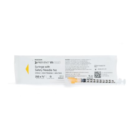 Syringe with Hypodermic Needle McKesson Prevent® M 1 mL 25 Gauge 5/8 Inch Detachable Needle Sliding Safety Needle - M-850816-1657 - Box of 50