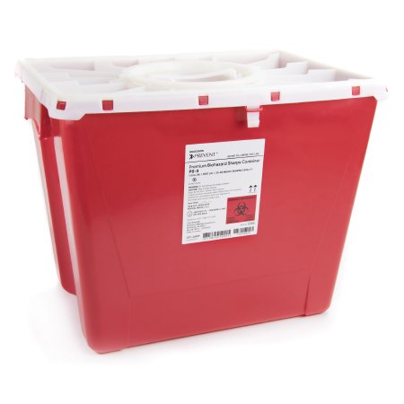 Sharps Container McKesson Prevent® 13-1/2 H X 17-3/10 W X 13 L Inch 8 Gallon Red Base / White Lid Vertical Entry Rotating Lid - M-854428-1489 - Each