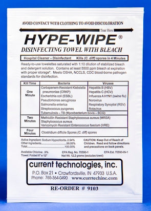 Current Technologies HYPE-WIPES® Surface Disinfectant Premoistened Wipe 100 Count Individual Packet Disposable Bleach Scent NonSterile - M-861728-2811 - Case of 100