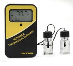 Dickinson Company Digital Vaccine Thermometer with Alarm Dickson Fahrenheit / Celsius -58° to +158°F (-50° to +70°C) 2 Glycol Bottle Probes Desk / Wall / Door Mount Battery Operated