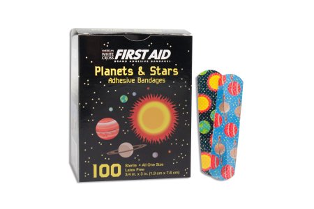 Dukal Adhesive Strip American® White Cross 5/8 X 2-1/4 Inch Plastic Rectangle Kid Design (Planets / Stars) Sterile