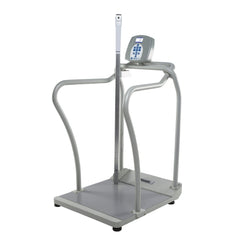 Health O Meter Floor Scale with Handrail Health O Meter® LCD Digital Display 1000 lbs. / 474 kg Capacity Black / Gray AC Adapter / Battery Operated