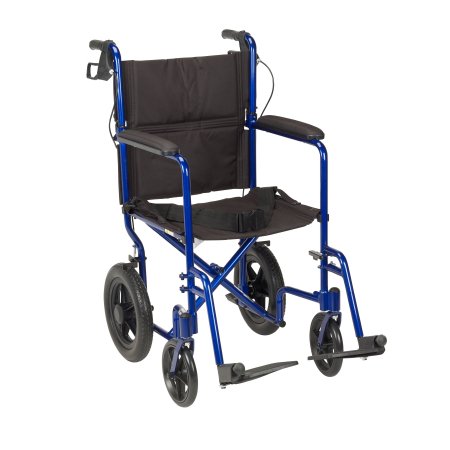Drive Medical Transport Wheelchair drive™ Expedition Aluminum Frame with Blue Finish 300 lbs. Weight Capacity Full Length / Fixed Height / Padded Arm Black Upholstery