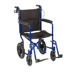 Drive Medical Transport Wheelchair drive™ Expedition Aluminum Frame with Blue Finish 300 lbs. Weight Capacity Full Length / Fixed Height / Padded Arm Black Upholstery