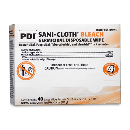 Professional Disposables Sani-Cloth® Bleach Surface Disinfectant Cleaner Premoistened Germicidal Wipe 40 Count Individual Packet Disposable Chlorine Scent NonSterile - M-868718-1239 - Pack of 40