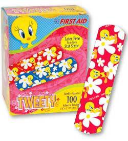Medibadge Adhesive Strip American® White Cross Stat Strip® 3/4 X 3 Inch Plastic Rectangle Kid Design (Tweety Flowers) Sterile