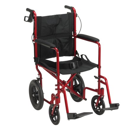 Drive Medical Lightweight Transport Chair Aluminum Frame with Red Finish 300 lbs. Weight Capacity Fixed Height / Padded Arm Black Upholstery