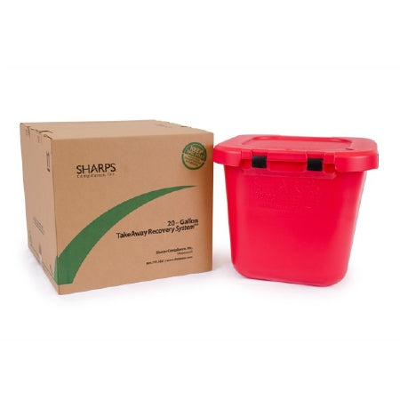 Sharps Compliance Mailback Sharps Container TakeAway® Recovery System 21-1/2 L X 21-1/4 W X 18-1/2 H Inch 20 Gallon Red Base / Red Lid Horizontal / Vertical Entry Hinged Lid