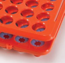 Globe Scientific Low Profile Test Tube Rack 50 Place Up to 17 mm Tube Size Orange 2 X 5-1/2 X 10 Inch