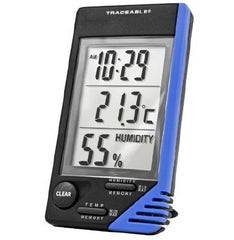 Cole-Parmer Inst. Digital Thermometer / Hygrometer Traceable® Fahrenheit / Celsius 32° to 122°F (0° to 50°C) Internal Sensor Flip-out Stand / Wall Mount Battery Operated