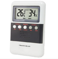 Cole-Parmer Inst. Digital Thermometer / Hygrometer Traceable® Fahrenheit / Celsius 32° to 122°F Solid State Sensors Flip-out Stand / Wall Mount Battery Operated