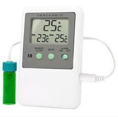 Cole-Parmer Inst. Digital Refrigerator / Freezer Thermometer with Alarm Traceable® Fahrenheit / Celsius -58° to +158°F (-50° to +70°C) Bottle Probe Flip-out Stand / Wall Mount