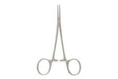 Hemostatic Forceps Miltex® Halsted 5 Inch Length Floor Grade Stainless Steel Sterile Ratchet Lock Finger Ring Handle Curved Serrated Tips