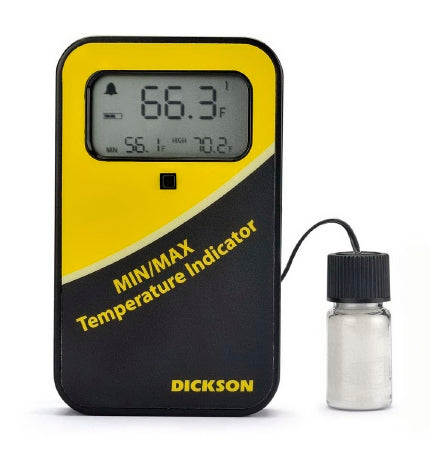 Dickinson Company Digital Vaccine Thermometer with Alarm Dickson Fahrenheit / Celsius -50° to +122°F (-50° to +50°C) External Thermistor Probe Wall Mount Battery Operated