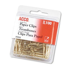 Acco Gold Tone Paper Clips, Small (No. 2), Gold Tone, 100/Box