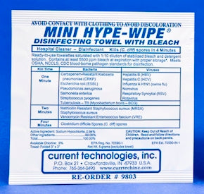 Current Technologies Mini HYPE-WIPE® Surface Disinfectant Premoistened Wipe 100 Count Individual Packet Disposable Bleach Scent NonSterile - M-906321-4430 - Case of 100