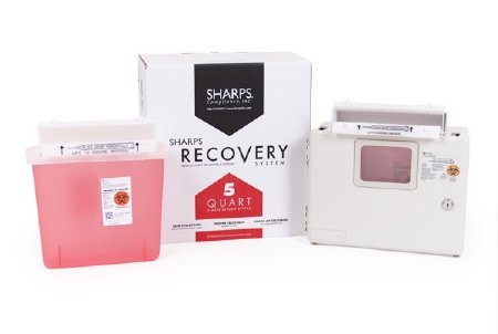 Sharps Compliance Mailback Sharps Container Intro Kit Sharps Recovery System™ 12-1/4 L X 4-3/4 W X 10-1/2 H 5.4 Quart Translucent Red Base / Translucent White Lid Horizontal Entry Counter Balanced Door Lid