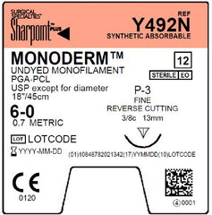 Surgical Specialties Suture with Needle Monoderm™ Absorbable Uncoated Undyed Suture Monofilament Polyglycolic Acid Suture Size 6 - 0 18 Inch Suture 1-Needle 13 mm Length 3/8 Circle Reverse Cutting Needle