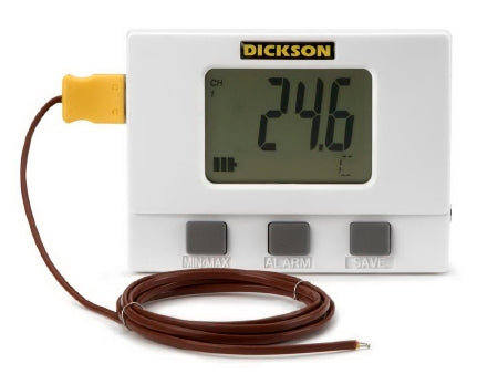 Dickinson Company Temperature Data Logger with Alarm Dickson Fahrenheit / Celsius -4° to +158°F (-20° to +70°C) Internal Sensor / External Probe Free-standing Battery Operated