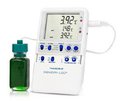 Cole-Parmer Inst. Refrigerator / Freezer Temperature Data Logger with Alarm Traceable® Memory-Loc™ Fahrenheit / Celsius -58° to +158°F (-50° to +70°C) Glycol Bottle Probe Multiple Mounting Options Battery Operated