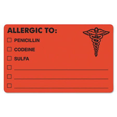 Tabbies® Allergy Warning Labels, ALLERGIC TO: PENICILLN, CODEINE, SULFA, 2.5 x 4, Fluorescent Red, 100/Roll
