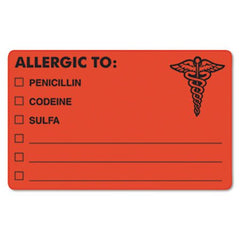 Tabbies® Allergy Warning Labels, ALLERGIC TO: PENICILLN, CODEINE, SULFA, 2.5 x 4, Fluorescent Red, 100/Roll