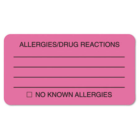 Tabbies® Allergy Warning Labels, ALLERGIES/DRUG REACTIONS NO KNOWN ALLERGIES, 1.75 x 3.25, Pink, 250/Roll