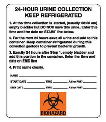 Market Lab Inc Pre-Printed Label Laboratory Use White Paper 24-Hour Urine Collection Keep Refrigerated Black Lab / Specimen 3 X 4 Inch - M-938864-2870 - Each