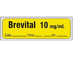 Shamrock Scientific Drug Label Shamrock Anesthesia Label BREVITAL 10 mg / mL / Date _____ Time _____ Int. _____ Yellow 1/2 X 1 Inch - M-939441-4990 - Each